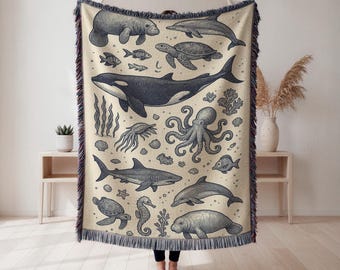 Manta tejida con animales marinos, criaturas marinas náuticas, decoración estilo casa de playa, regalo costero, funda tejida con escena oceánica vintage