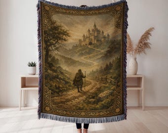 Castle Landscape Woven Blanket, Atmospheric Landscape Tapestry Throw, Fantasy Home Decor, Art Lover Gift, Cottagecore Tapestry, Home Decor