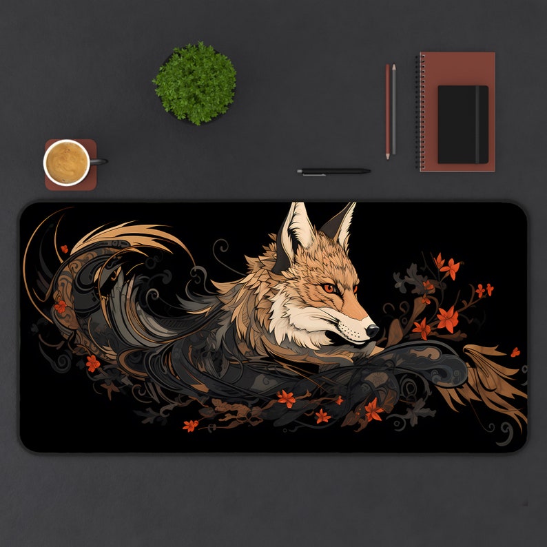 Fox Schreibtischunterlage Japanisches Mousepad Schwarz und Weiß, Japanische Ästhetische Gaming Schreibtischunterlage, XXL große Gaming Schreibtischunterlage Mauspad Bild 1