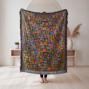 Geometric Pattern Woven Blanket, Modern Grid Tapestry Throw, Abstract Art Home Decor, Housewarming Gift, Wall Tapestry, Home Decor