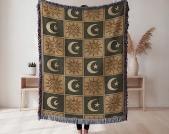 Celestial geweven deken, maan- en sterrenontwerp, gezellig boho-huisdecor, etherisch cadeau voor natuurliefhebbers, rustiek beddengoed, wandtapijt