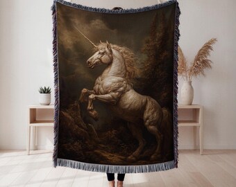 Unicorn Woven Blanket, Mythical Creature Illustration Tapestry Throw, Fantasy Home Decor, Gift for Fantasy Fans, Wall Tapestry, Home Decor