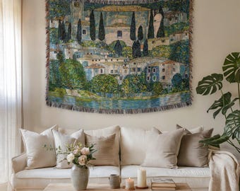 Gustav Klimt Kirche in Cassone Woven Blanket, Church in Cassone Art Tapestry Throw, Italy Travel Decor, Vintage Painting, Wall Tapestry