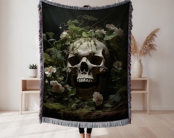 Couverture tissée floral et tête de mort, jeté de tapisserie botanique sombre, décoration d'intérieur gothique, cadeau effrayant, tapisserie murale, décoration d'intérieur, couverture artistique