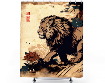 May include: A shower curtain featuring a stylised illustration of a lion in a Japanese art style. The lion is brown and black with a flowing mane. The background is a faded yellow with a red flower and a Japanese character.