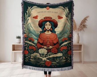Mexican Art & Life woven blanket, Mexican woman portrait decor, floral folk art throw, Southwestern home accent, Wall Tapestry, Home Decor