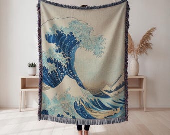 Katsushika Hokusai The Great Wave off Kanagawa Woven Blanket, Ocean Wave Art Tapestry Throw, Famous Japanese Woven Blanket, Art Lover Gift