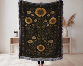 Solrosvävd filt, rustik blommig heminredning, boho mysig pläd för soffan eller sängen, Cottagecore-present, naturinspirerat vävt överdrag