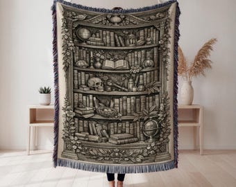 Bookshelf Woven Blanket, Vintage Study Tapestry Throw, Book Lover Decor, Literary Gift, Cottagecore Tapestry, Wall Tapestry, Home Decor