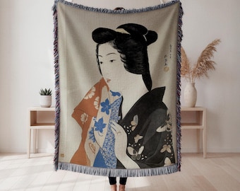 woven blanket, Japanese kimono butterfly design, vintage ukiyo e beauty print, Asian art throw, oriental home decor, Japanese Decor, Ukiyo-e