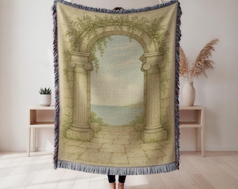 Ancient Greek Inspired Woven Blanket, Historic Ruins Tapestry, Mediterranean Style Throw, Classical Mythology Home Decor, Elegant Gift