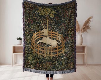 Couverture tissée de licorne, motif floral de tapisserie médiévale, cadeau de jet de décoration à la maison de fantaisie, tapisserie murale, décoration d'intérieur, couverture d'art
