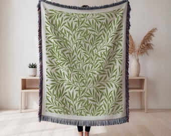 William Morris geweven deken, groen botanisch bladpatroon geweven deken, natuurdeken, lommerrijke huisdecordeken, boho cottagecore plaid