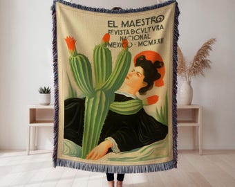 El Maestro Revista de Cultura Nacional Mexico MCMXXII vävd filt, botanisk kaktus gobeläng, Mexiko resedekor, present, heminredning