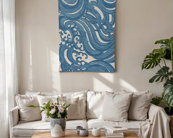Waves Woven Throw Blanket, Blue Ocean Wave Pattern, Coastal Décor