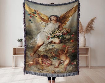 Coperta tessuta con fiori sparsi d'angelo, arazzo floreale angelico, elegante decorazione murale vintage, regalo per gli amanti dell'arte, arazzo Cottagecore
