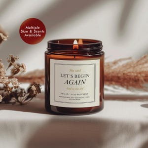 Candela profumata di soia "Ricominciamo" (barattolo ambrato), regalo per un nuovo inizio, nuovo capitolo dell'arredamento della casa