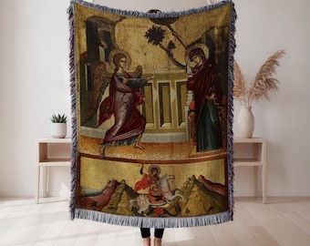 Annunciation and Saint George Woven Blanket, Byzantine Religious Tapestry Throw, Christian Home Decor, Art Lover Gift, Wall Tapestry