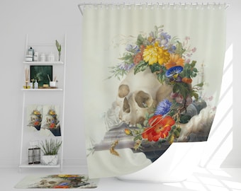 Skull Curtain, Still Life Shower Curtain, Fine Art Shower, Gothic Shower Curtain, Skull Bath Mat Art, Skull Towel Set, Floral Bathroom Set