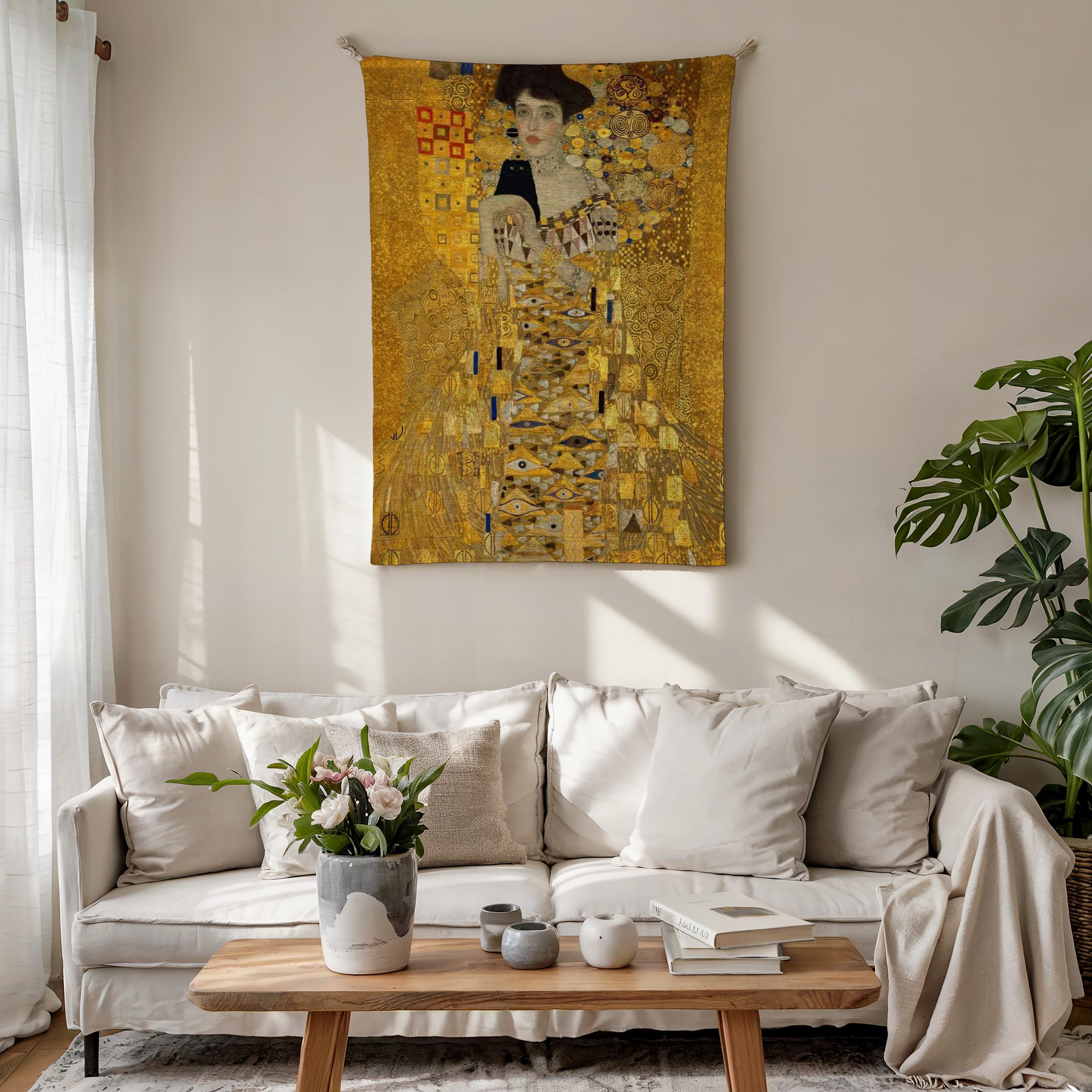 Gustav Klimt Woven Blanket, Gold Mosaic Art Nouveau Portrait Decor