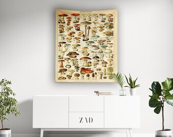 Botanical Tapestry | Mushroom Tapestry | Adolphe Millot | Food Tapestry | Mid Century | Vintage Wall Art | Fine Art Print | Vintage Tapestry