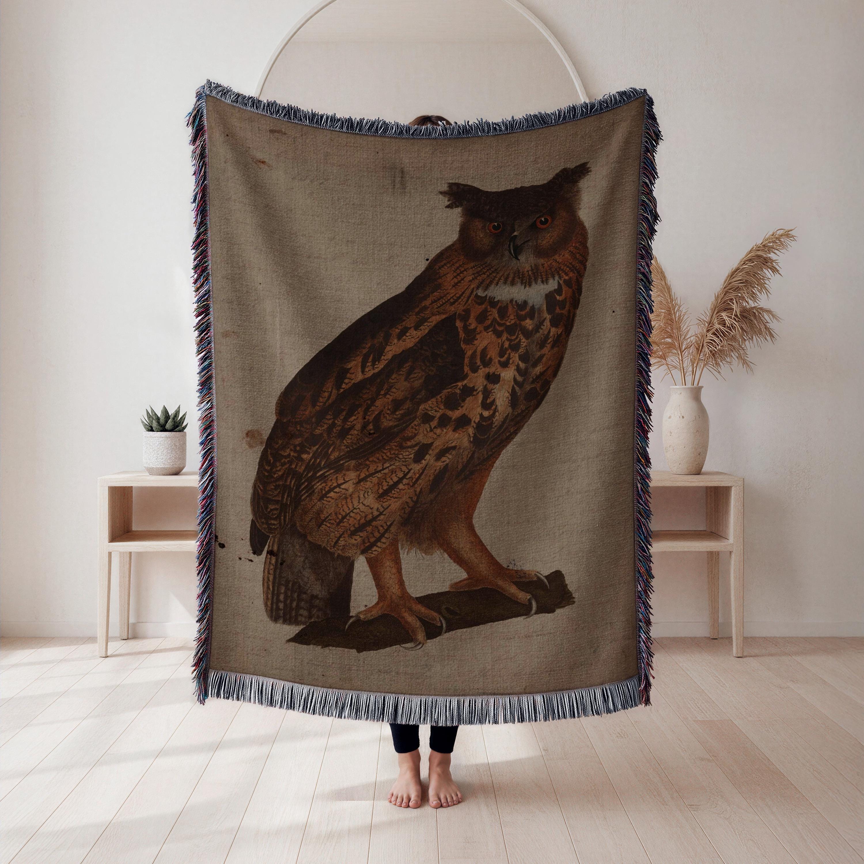 Owl Woven Blanket, Vintage Wildlife Illustration Tapestry Throw, Nature Enthusiast Decor, Nature Lov