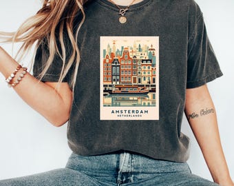 Maglietta di Amsterdam / Maglietta dei Paesi Bassi / Maglietta dell'orgoglio olandese / Souvenir di Amsterdam / Maglietta con paesaggio urbano / Viaggio ad Amsterdam