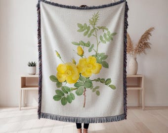 Couverture tissée rose sauvage jaune, jeté de tapisserie botanique vintage, décoration de cottage, cadeau pour amoureux des fleurs, tapisserie Cottagecore, couverture esthétique