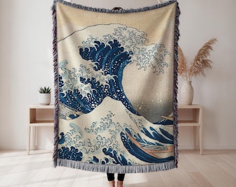 Hokusai woven throw blanket, Great Wave off Kanagawa ukiyo-e art, Japanese ocean décor gift, Japanese Decor, Japanese Art, Japanese Gift
