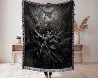 Gustave Doré The Fall of the Rebel Angels woven blanket, gothic angel wall decor, dark fantasy throw blanket, classical engraving gift