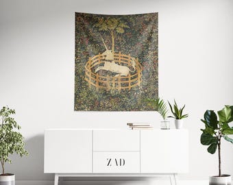 Tapiz medieval, unicornio en cautiverio, tapiz de unicornio, tapiz de dormitorio, decoración mitológica, tapiz artístico, decoración de unicornio, arte de tapiz vintage
