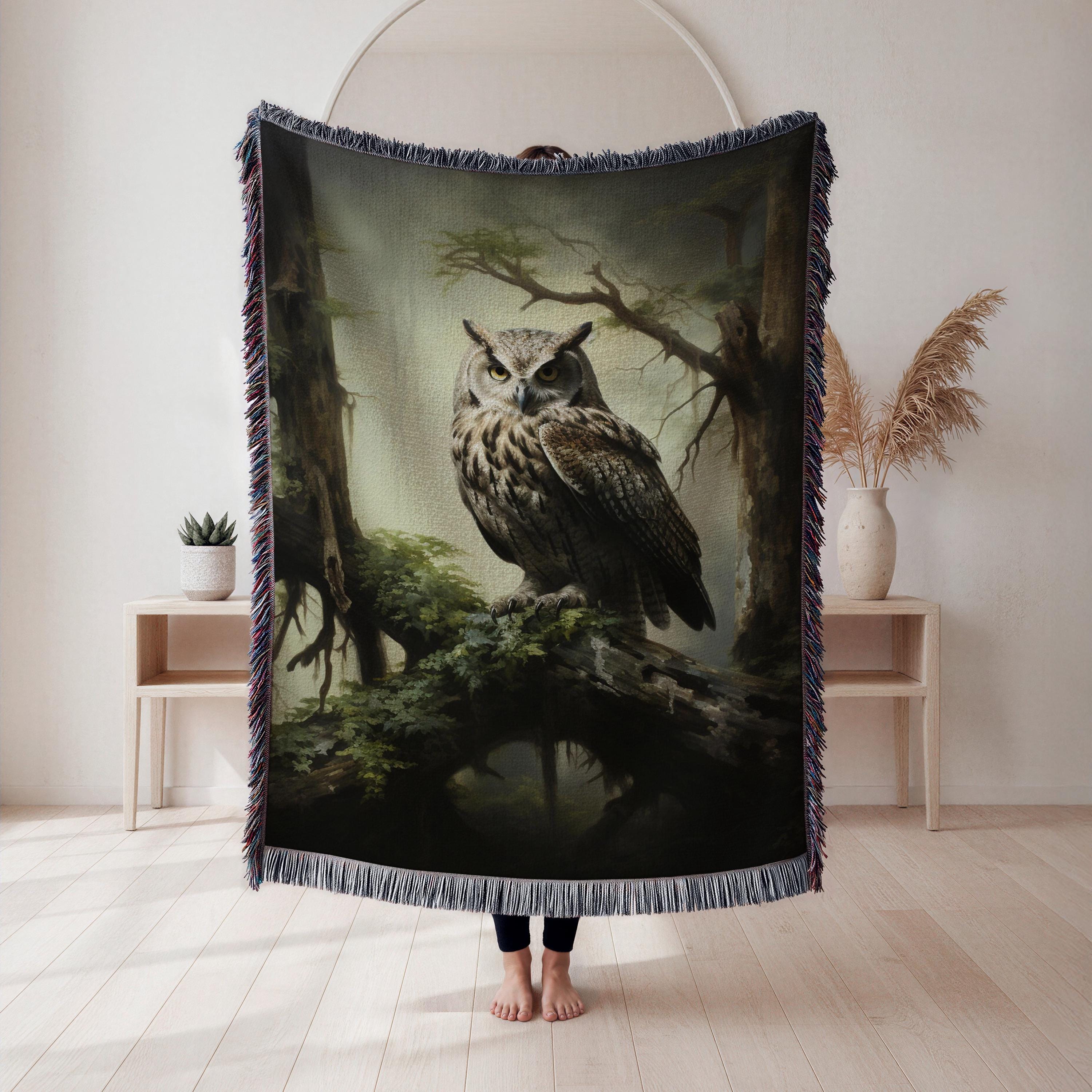 Forest Owl Woven Blanket, atmospheric wildlife tapestry throw, moody wall decor, bird watcher gift