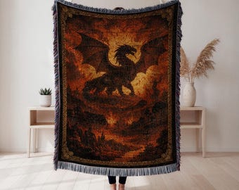 fantasy dragon woven blanket, fire dragon throw, gothic dragon home decor, medieval fantasy bed throw, dragon lover gift, Wall Tapestry