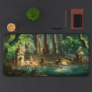 Op de afbeelding: Een schilderij dat een klassieke scène met figuren in een tuinsetting afbeeldt. Het schilderij toont een groep mensen in een weelderige tuin met een zwembad op de voorgrond. De figuren zijn gekleed in klassieke kleding en zijn bezig met verschillende activiteiten, zoals zwemmen en ontspannen. Het schilderij is geplaatst tegen een achtergrond van bomen en kolommen, wat een gevoel van grandeur en rust creëert.