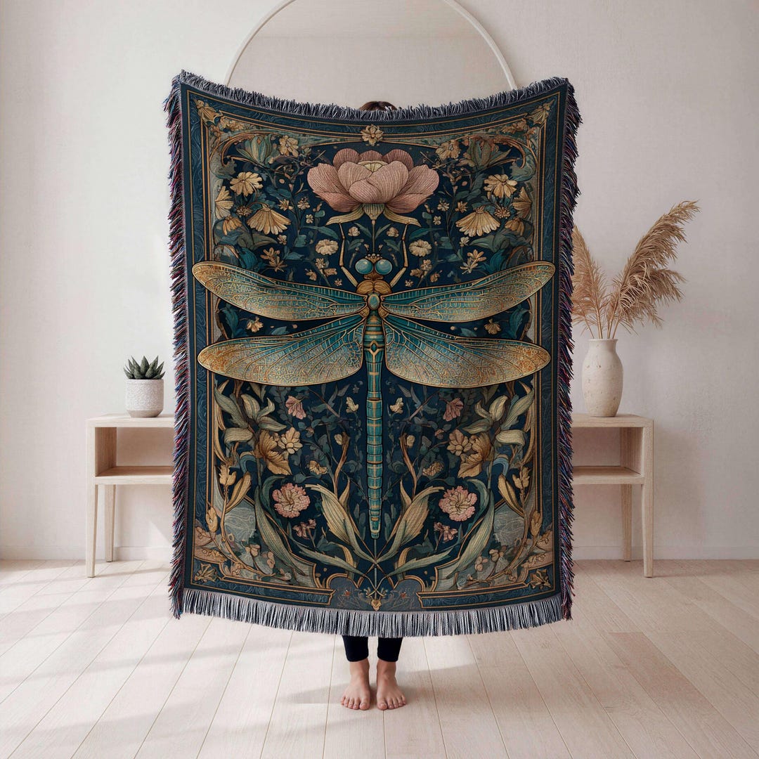 Insect Pattern Throw Dragonfly Woven Blanket, Botanical Insect Tapestry Throw, Cottagecore ...
