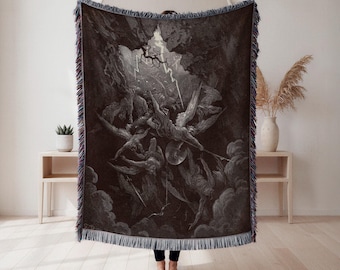 Doré woven throw blanket, vintage engraving angels falling scene, celestial gothic home décor gift, Wall Tapestry, Home Decor, Art Blanket