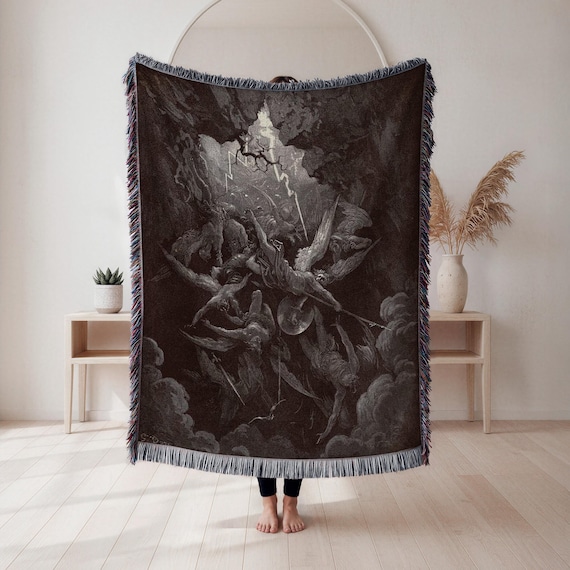 Doré Woven Throw Blanket, Vintage Engraving Angels Falling Scene 