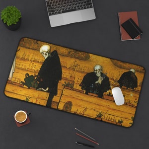 May include: A colorful mousepad featuring a painting of skeletons tending to a garden. The skeletons are wearing black robes and have white skulls. The garden is filled with flowers and plants. The mousepad is rectangular and has a black border.