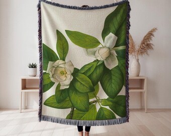 white camellia woven blanket, botanical flower throw blanket, floral garden decor, spring cottage accent blanket, Cottagecore Tapestry