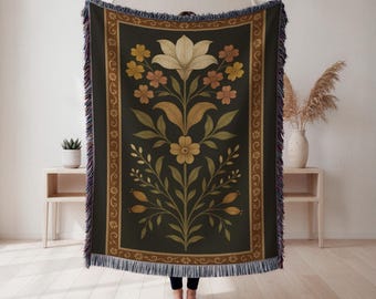 Elegant Gothic Woven Blanket, Vintage Floral Tapestry Throw, Moody Botanical Wall Cover, Cottagecore Home Decor, Unique Gift for Her
