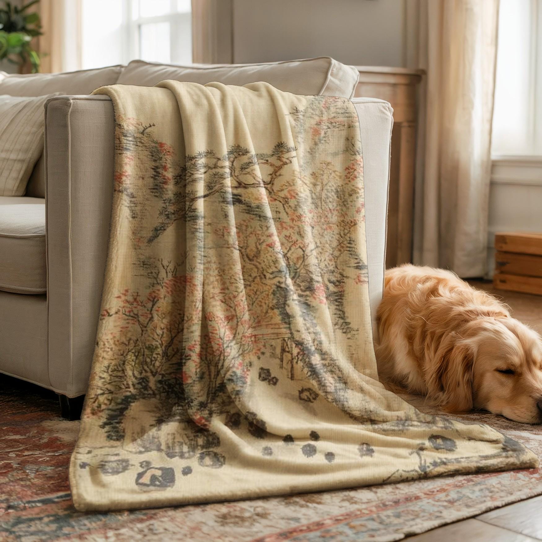 Mountain Landscape Woven Blanket, Traditional Chinese Painting