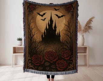 Gothic Vampire Themed Woven Blanket, Dark Romantic Home Decor, Blood Moon Castle Design, Elegant Black and Red Woven Cover, Gothic Gift
