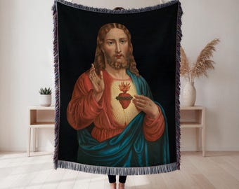 Manta tejida del Sagrado Corazón de Jesús, tapiz con retrato devocional clásico, decoración de pared tradicional, regalo cristiano, tapiz de pared