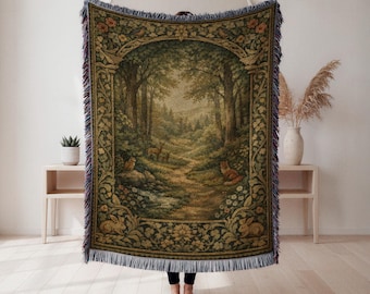 Woodland Animals Woven Blanket, Forest Landscape Tapestry Throw, Cabin Decor, Nature Lover Gift, Cottagecore Tapestry, Wall Tapestry