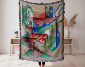Abstracte dierenscène geweven deken, levendig geometrisch abstract tapijtdeken, moderne kunst wanddecor, cadeau kunstliefhebber, wandtapijt