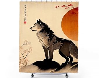 Wolf Shower Curtain | Japanese Shower Curtain | Wolf Bathroom Decor | Homeware Art | Ukiyo-e Bathroom Decor | Wolf Decor