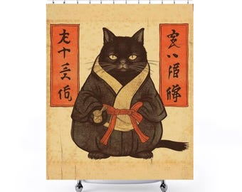 Cat In Kimono Shower Curtain | Vintage Japanese Style | Oriental Bathroom Decor | Unique Shower Curtain