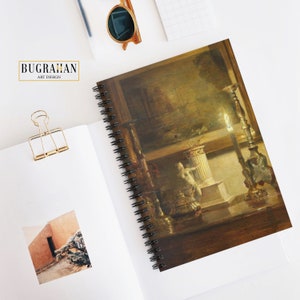 May include: A vintage painting of a still life scene with a candle lit in a dark room. The painting features a statue of a woman, a column, and several ornate candlesticks. The painting is done in a warm, golden palette.