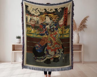 Utagawa Kuniyoshi Shin Yoshiwara Tsunomachi Hamagiku Woven Blanket, Oiran Courtesan Art Tapestry Throw, Japanese Art Decor, Art Lover Gift
