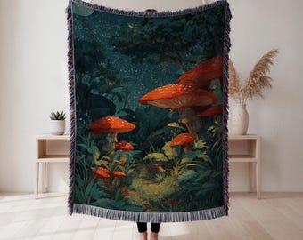 Mushroom Forest Woven Blanket, Enchanted Landscape Tapestry Throw, Fantasy Home Decor, Nature Lover Gift, Wall Tapestry, Home Decor